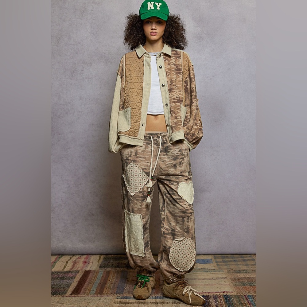 Beige Patchwork Cargo Pants - Casual Drawstring Trousers